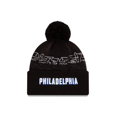 Black Philadelphia 76ers Hat - New Era NBA City Edition Pom Knit Beanie USA2861594